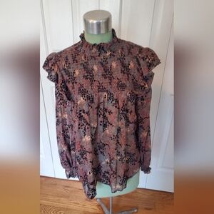 Knox Rose Floral Ruffle Sleeve Blouse - Taupe and Black